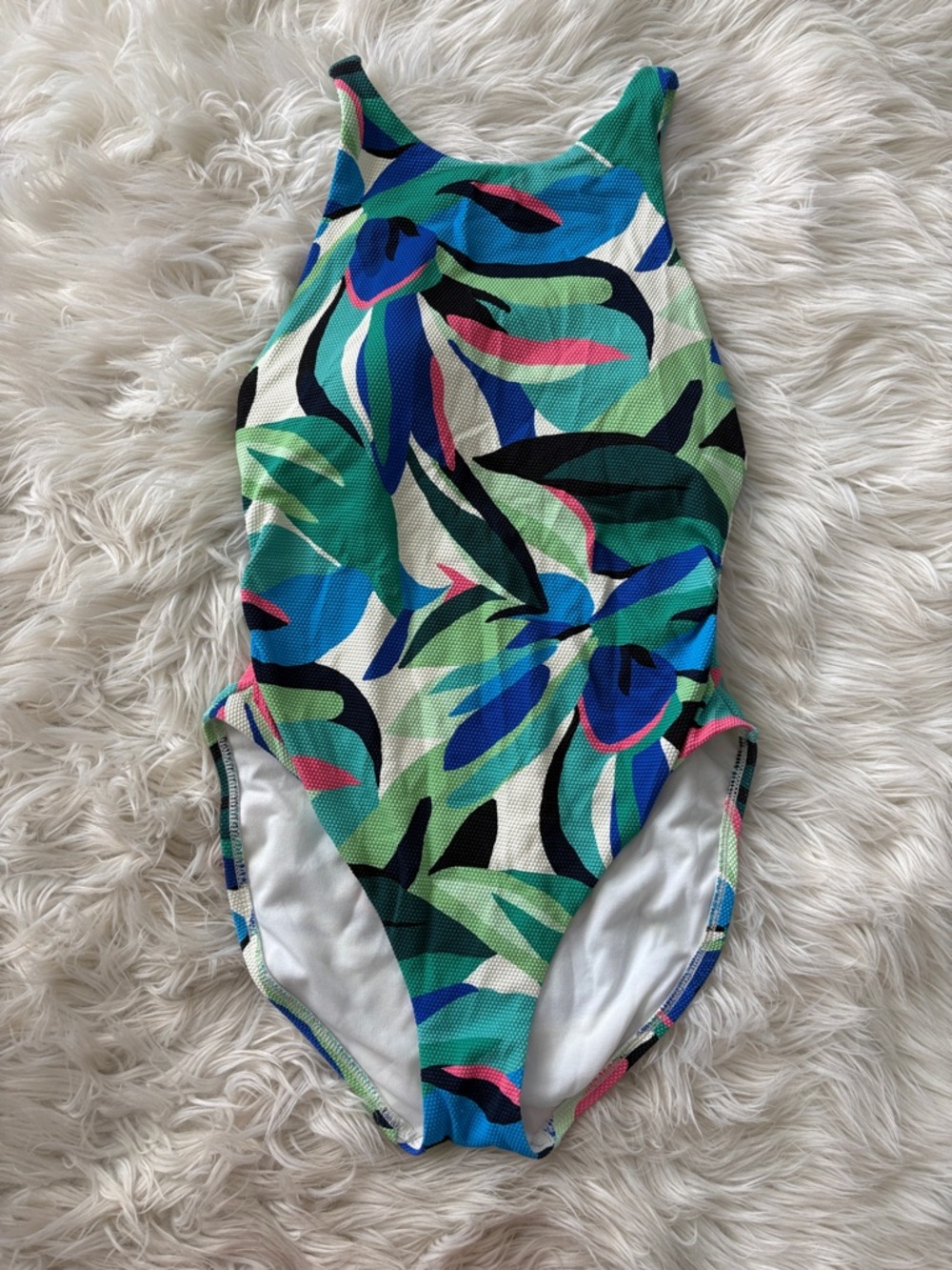 Shade & Shore Girls' Tropical Leaf One-Piece Swimsuit - Green, Blue, Pink